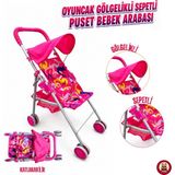 Giffy Oyuncak Bebek Arabası Katlanabilir Metal Puset Gölgelikli Sepetli Beşikli ve Baston 4 Farklı Model Seçeneği - Pembe - Açık Pembe