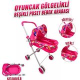 Giffy Oyuncak Bebek Arabası Katlanabilir Metal Puset Gölgelikli Sepetli Beşikli ve Baston 4 Farklı Model Seçeneği - Pembe