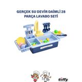 giffy Oyuncak Gerçek Su Akan Mutfak Lavabo Seti | 28 Parça Aksesuarlı | Pilli Su Devir Daimli Mavi