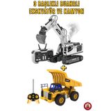 giffy Oyuncak Uzaktan Kumandalı İş Makinesi 2'li Set 3 Başlıklı Buharlı Ekskavatör ve Damperli Kamyon Şarjlı LED Işıklı Sesli