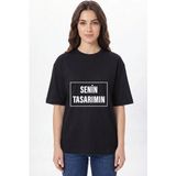 Giftcrea Kişiye Özel Oversize Tişört Baskı - Fotoğraf, Logo, Yazı ve Çizim Baskılı %100 Pamuk Unisex Oversize T-Shirt - Siyah - Bayan