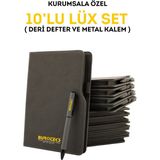 Giftcrea Kurumsal Firmalara Özel Baskılı Özelleştirilebilir, 10'lu Deri Defter ve Metal Kalem Seti - Antrasit - 10 Adet