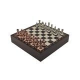 GiftHome Orta Boy Antik Metal Klasik Satranç Takımı ve Ceviz Desenli Sandıklı MDF Tahtası (30X30X6 cm.)