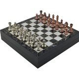 GiftHome Orta Boy Antik Metal Klasik Satranç Takımı ve Mermer Desenli Sandıklı MDF Tahtası (30X30X6 cm.)