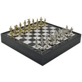 GiftHome Orta Boy Metal İSPANYOL Satranç Takımı Parlak ve Mermer Desenli Sandıklı MDF Tahtası(36X36X6 cm.)
