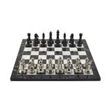 GiftHome Premium Black Metal Klasik Satranç Takımı ve Mermer Desenli Düz MDF Tahtası (37X37 cm.)