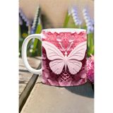 giftkonsept 3D Görünümlü Pembe Çiçek ve Kelebekler No:16 3D Tasarım Baskılı Kupa Bardak Mug, QBM2454