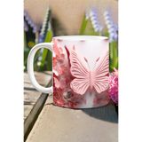 giftkonsept 3D Görünümlü Pembe Çiçek ve Kelebekler No:23 3D Tasarım Baskılı Kupa Bardak Mug, QBM2454