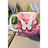 giftkonsept 3D Görünümlü Pembe Çiçek ve Kelebekler No:7 3D Tasarım Baskılı Kupa Bardak Mug, QBM2454