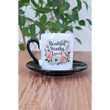 giftkonsept Beautiful Worthy Loved Mother Baskılı Anneler Günü Hediyelik Siyah Porselen Türk Kahvesi Fincanı, QBTK5029