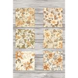 giftkonsept Bej Çiçekler No:3 Baskılı 6'lı Set Dekoratif Ahşap Kare Bardak Altlığı, QBBA1053