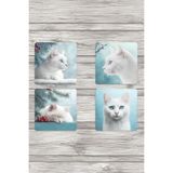 giftkonsept Beyaz Kedi Kış Temalı Baskılı 4'lü Set Dekoratif Ahşap Kare Bardak Altlığı, QBBA1038