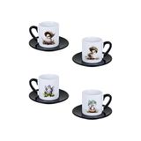 giftkonsept Beyaz Kuş Baskılı Siyah Kulplu 4'lü Porselen Türk Kahvesi Fincan Takımı, QBTK5984