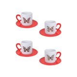 giftkonsept Çiçek Ve Kelebek Temalı Baskılı Kırmızı 4'lü Porselen Türk Kahvesi Fincan Takımı, QBTK5912