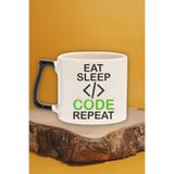 giftkonsept Eat Sleep Code Repeat 5 Baskılı Yazılım Geliştirici Doğum Günü Hediye Siyah Kulplu Kupa Bardak, QBT5258