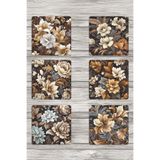 giftkonsept Kahverengi Temalı Çiçekler No:1 Baskılı 6'lı Set Dekoratif Ahşap Kare Bardak Altlığı, QBBA1073
