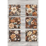 giftkonsept Kahverengi Temalı Çiçekler No:2 Baskılı 6'lı Set Dekoratif Ahşap Kare Bardak Altlığı, QBBA1074