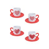 giftkonsept Kalp Şekilleri Baskılı Kırmızı 4'lü Porselen Türk Kahvesi Fincan Takımı, QBTK5865