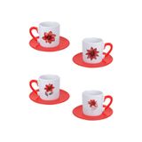 giftkonsept Kırmızı Çiçekler Baskılı Kırmızı Kulplu 4'lü Porselen Türk Kahvesi Fincan Takımı, QBTK5983
