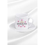 giftkonsept Kraliçem Baskılı Taç ve Gül Detaylı Anneler Günü Özel Hediyelik Beyaz Porselen Türk Kahvesi Fincanı, QBTK2604