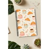 giftkonsept Kruvasan, Kahve Fincanı ve Çiçek Desenli 50 Yaprak 100 Sayfa Sprialli Defter - Renkli - A4 - Çizgisiz
