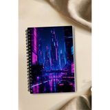 giftkonsept Neon Gece Şehri ve Otomobil Temalı 50 Yaprak 100 Sayfa Sprialli Defter - Renkli - A4 - Çizgisiz