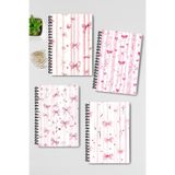 giftkonsept Pembe Buket ve Çiçek Temalı Tasarım Tel Spiralli A5 Çizgisiz 4'lü Hatıra, Anı, Okul Defter Seti