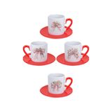 giftkonsept Pembe Çiçekli Fiyonk Baskılı Kırmızı 4'lü Porselen Türk Kahvesi Fincan Takımı, QBTK5763