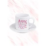 giftkonsept Pembe Tonlarında Anne Sözlük Anlamı Baskılı Anneler Gününe Özel Hediyelik Beyaz Porselen Türk Kahvesi Fincanı, QBTK2605