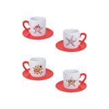 giftkonsept Renkli Deniz Yıldızları Baskılı 4'lü Kırmızı Kulplu Porselen Türk Kahvesi Fincan Takımı, QBTK5904