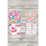 giftkonsept Renkli Donutlar No:2 Baskılı 4'lü Set Dekoratif Ahşap Kare Bardak Altlığı, QBBA1190
