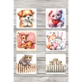 giftkonsept Sevimli Hayvanlar No:2 Baskılı 6'lı Set Dekoratif Ahşap Kare Bardak Altlığı, QBBA1030