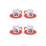 giftkonsept Sevimli Yavru Kedi Baskılı 4'lü Kırmızı Kulplu Porselen Türk Kahvesi Fincan Takımı, QBTK5182