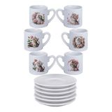 giftkonsept Sevimli Yavru Kedi ve Çiçek Baskılı 6'lı Porselen Beyaz Türk Kahvesi Fincan Takımı, QBTKB5744