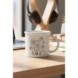 giftkonsept Siyah Çiçekler Baskılı Enamel Görünümlü Seramik Vintage Kupa Bardak, QBV8107