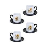 giftkonsept Sonbahar Çiçekleri Baskılı 4'lü Siyah Kulplu Porselen Türk Kahvesi Fincan Takımı, QBTK8170
