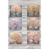 giftkonsept Vintage Ağaçlar No:3 Baskılı 6'lı Set Dekoratif Ahşap Kare Bardak Altlığı, QBBA1178