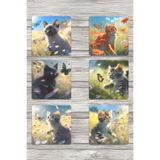 giftkonsept Yaz Temalı Sevimli Kediler Baskılı 6'lı Set Dekoratif Ahşap Kare Bardak Altlığı, QBBA1172