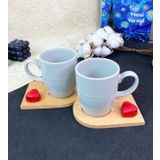 Giftmoda 2'Li Ahşap Servis Tabaklı Gri Bulut Kupa Set