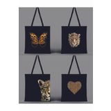 GİFTORA 4 adet Leopar desenli baskılı ham bez 35X40 Siyah omuz çantası