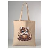 GİFTORA Leopar kedicik desenli baskılı ham bez 35X40 ekru omuz çantası