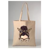 GİFTORA Leoparlı kız desenli baskılı ham bez 35X40 ekru omuz çantası
