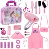 Gifts2U Kız Güzellik Salonu Seti, 23 Parça Çocuk Güzellik Salonu Oyuncak Seti Saç Şekillendirici Seti Kız Çocukları İçin Fön Kurutuculu, Berber Kostüm Önlüğü, Makas ve Stilist Aksesuarları