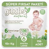 Giggles Natural 6 Numara Ekstra Large Pamuklu Bebek Bezi, 15+ kg, 136 Adet