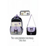 Gigi Luxe İlkokul Okul Çantası 3'Lü Set Kız Çocuk Su Geçirmez İthal Kumaş Termal Beslenme Çantası Ve Kalemlik Ortopedik Sırt Desteği(Kuromi Figürlü)