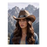 Gigi Luxe Kadın Camel Kovboy Şapkası Boğa Tokalı Deri Bantlı Vintage Western Şapka Kanvas