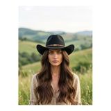 Gigi Luxe Kadın Siyah Western Kovboy Şapkası Örgü Deri Bantlı Cowboy Hat