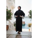 GigiTex Hijap Şık Ve Kaliteli Siyah Dubai Ipeği Şallı Abaya Ferace Kolda Krem Dantel Detaylı