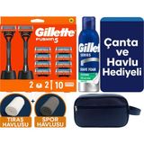 Gillette Fusion 2 Makine+10 Yedek Tıraş Bıçağı+2 STAND+200 ml Köpük +Çanta +Havlu Hediye