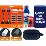 Gillette Fusion 2 Makine+10 Yedek Tıraş Bıçağı+2 STAND+200 ml Köpük +Old Spice Deo+Çanta +Havlu Hediye